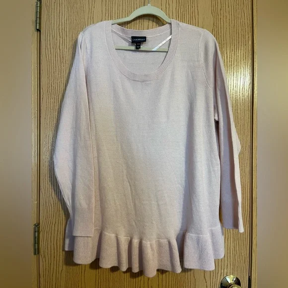 Light pink crew neck sweater with bottom ruffle trim - Picture 1 of 7